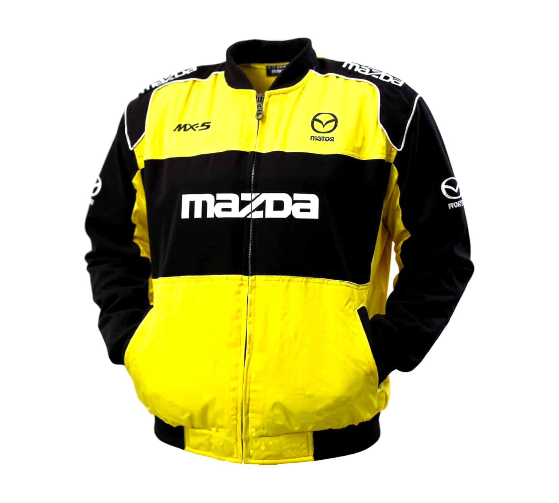 Yellow and black Mazda jacket on a white background