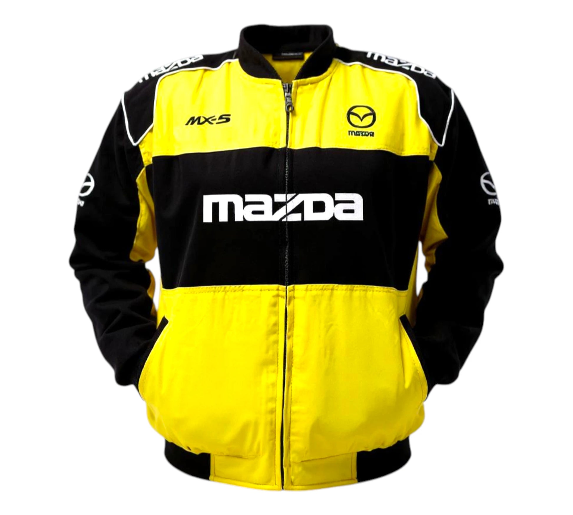 Yellow and black jacket with Mazda branding on a white background