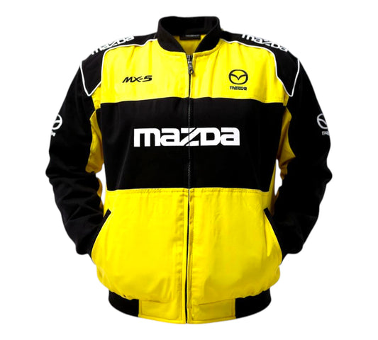 Yellow and black jacket with Mazda branding on a white background