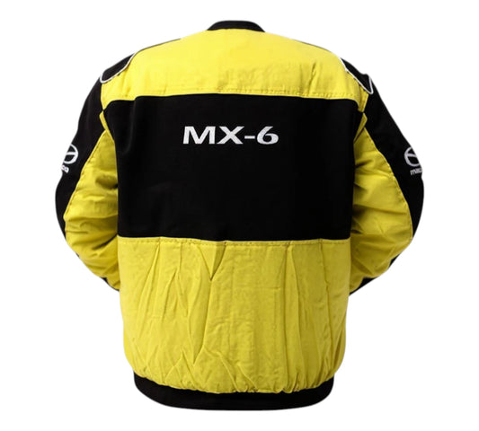 Yellow and black jacket with 'MX-6' text on the back against a white background