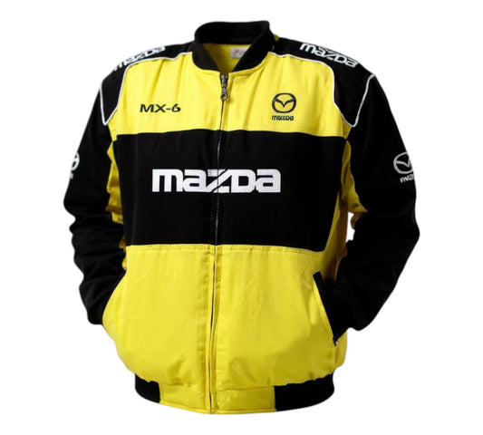 Yellow and black Mazda jacket with branding on a white background