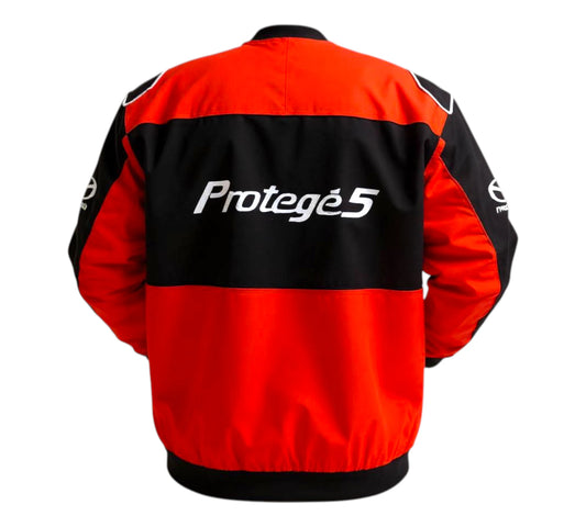 Red and black jacket with 'Protege 5' branding on a white background