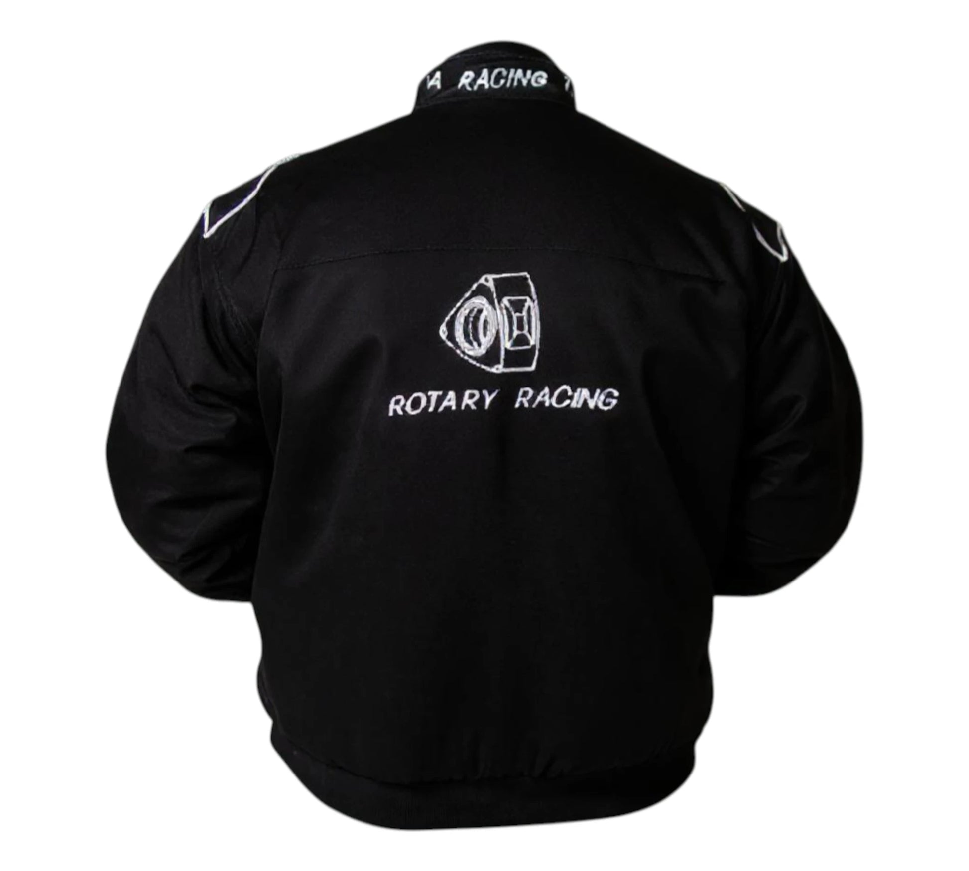 Black jacket with 'Rotary Racing' logo on a white background