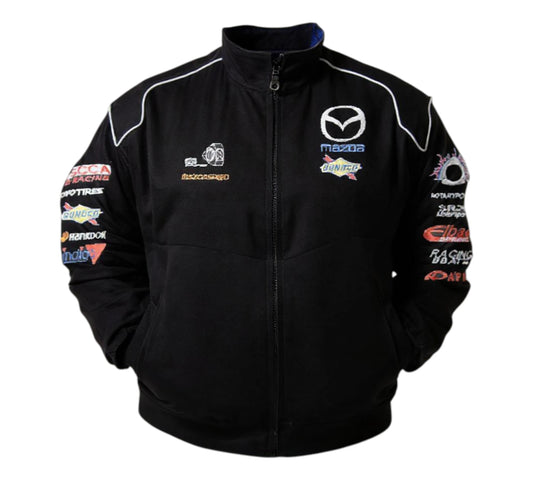 Black jacket with various logos on a white background