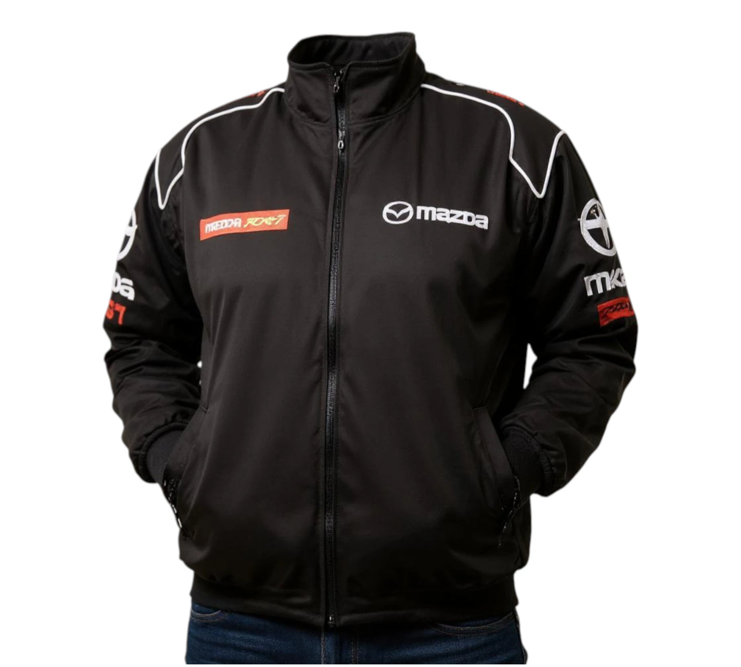 Black jacket with Mazda logos on a white background