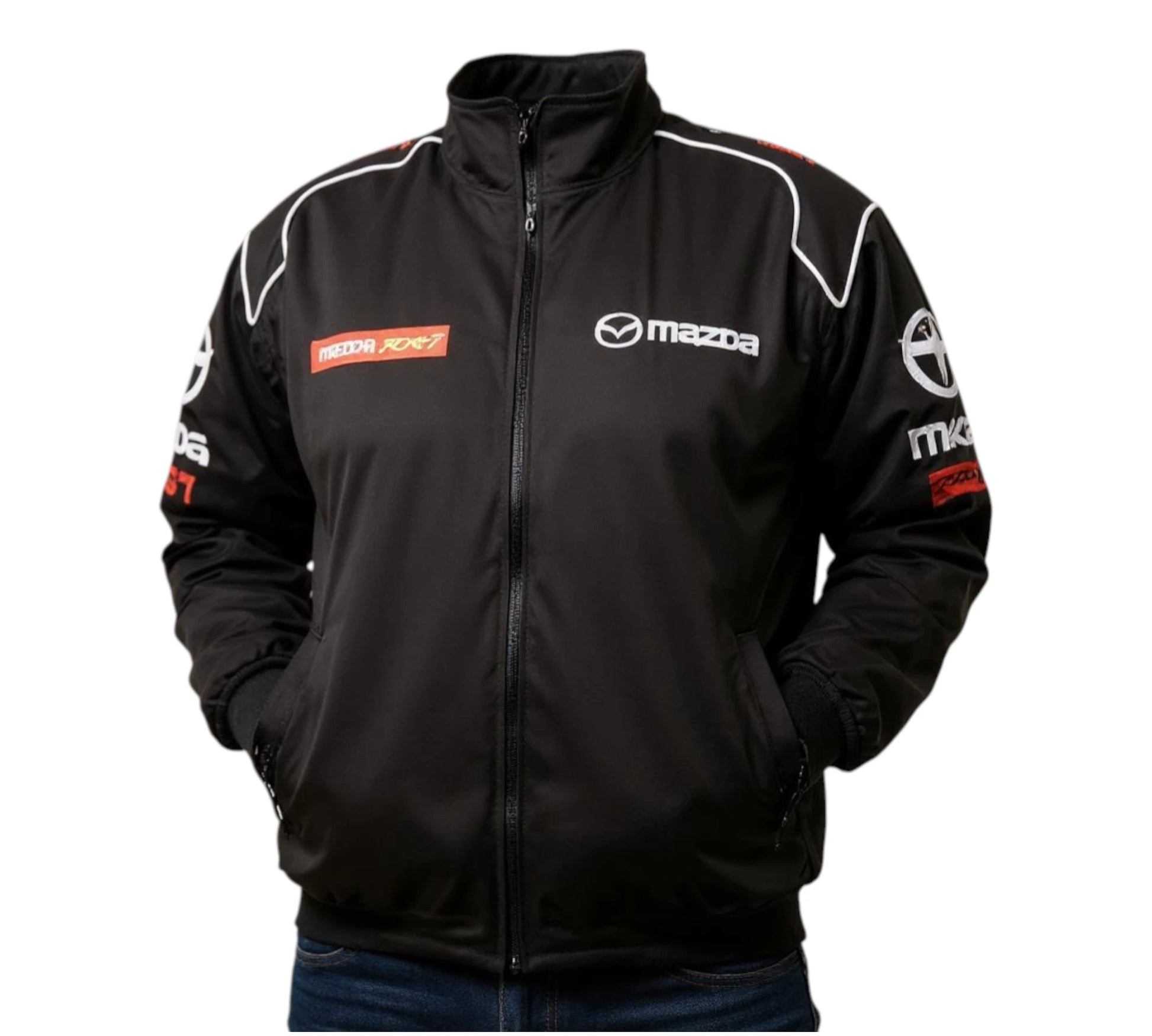 Black jacket with Mazda logos on a white background