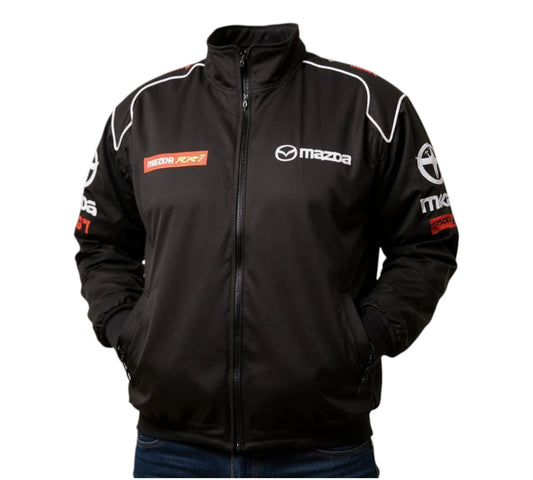 Black jacket with Mazda logos on a white background