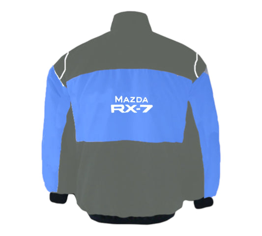 Gray and blue jacket with Mazda RX-7 logo on a white background
