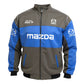 Mazda jacket with blue and gray design on a white background