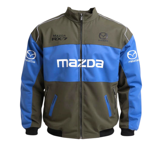 Mazda jacket with blue and green design on a white background