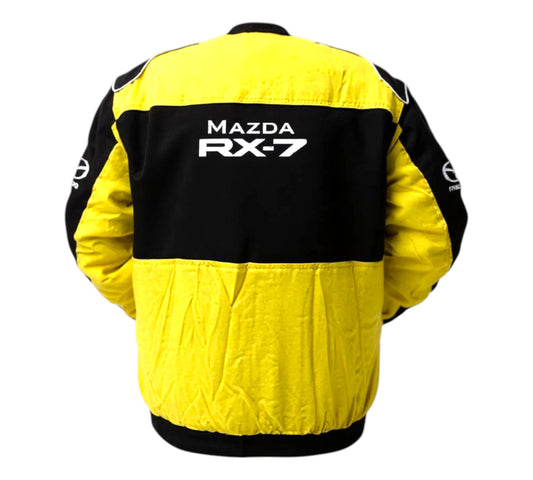 Yellow and black jacket with Mazda RX-7 branding on a white background