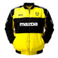 Yellow and black Mazda jacket with branding on a white background