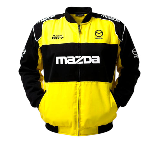 Yellow and black Mazda jacket with branding on a white background
