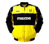 Yellow and black Mazda jacket with branding on a white background