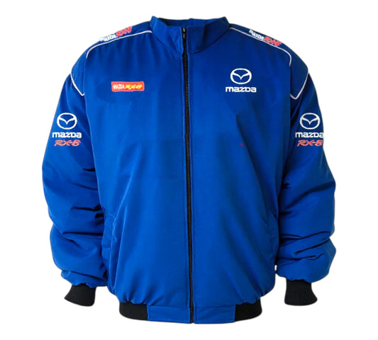 Blue jacket with Mazda logos on a white background