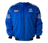 Blue jacket with Mazda logos on a white background