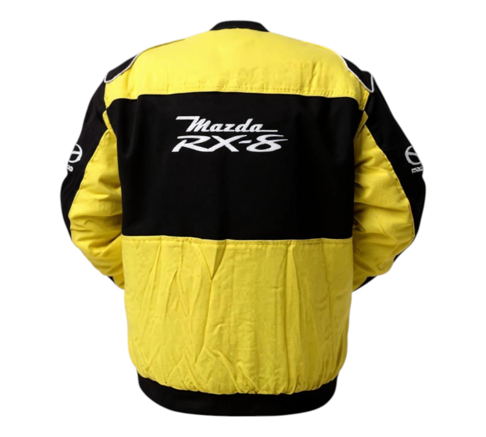 Yellow and black jacket with Mazda RX-8 logo on a white background