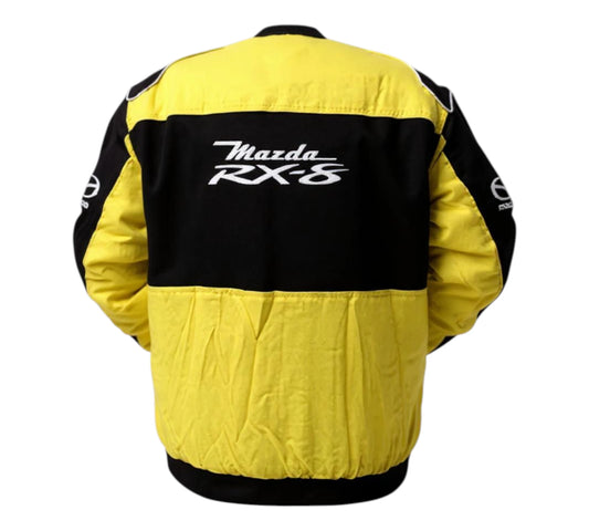 Yellow and black jacket with Mazda RX-8 logo on a white background