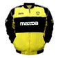 Yellow and black jacket with Mazda logos on a white background