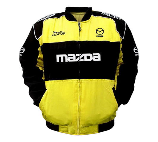 Yellow and black jacket with Mazda logos on a white background