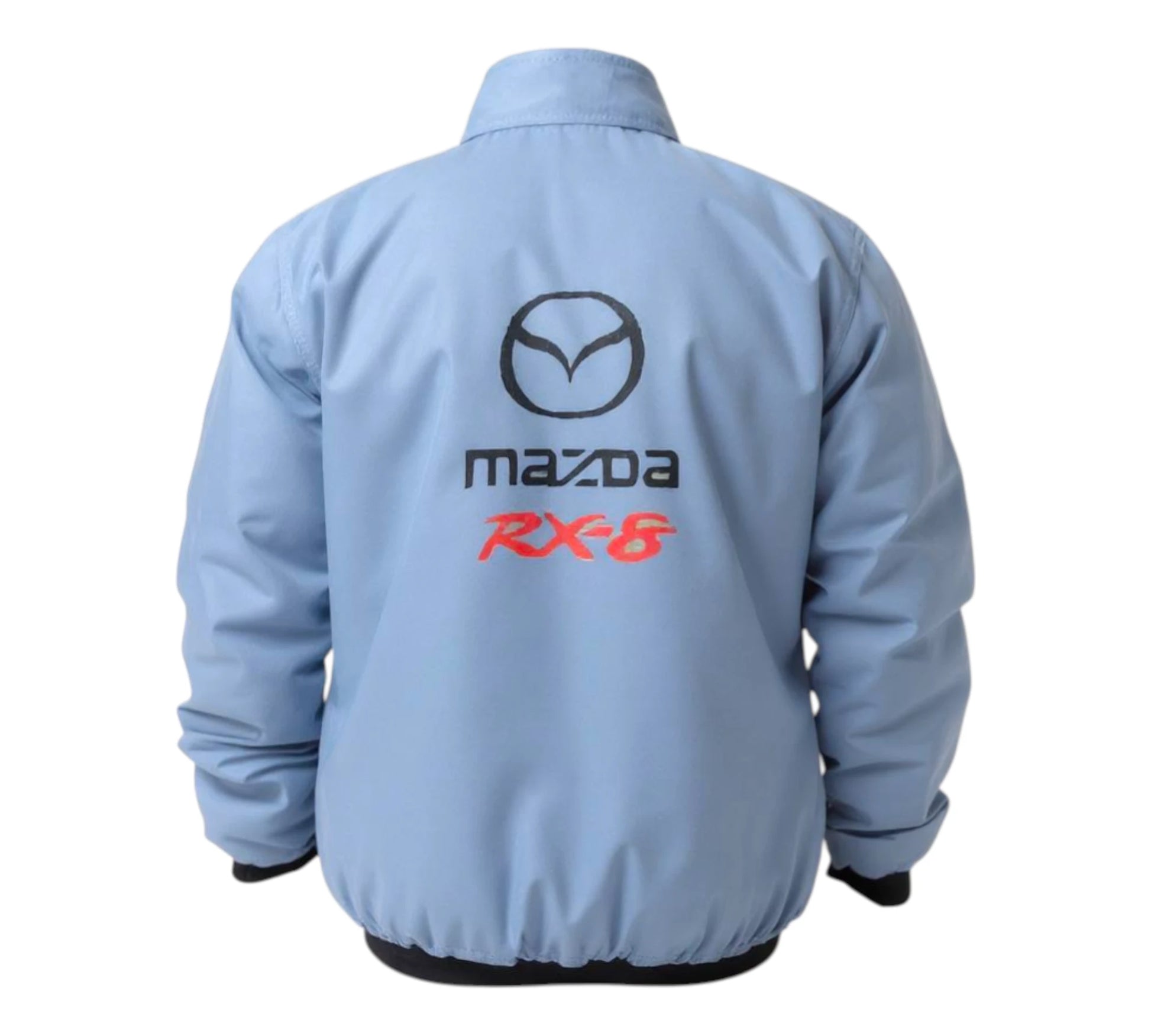 Light blue jacket with Mazda RX-8 logo on the back against a white background