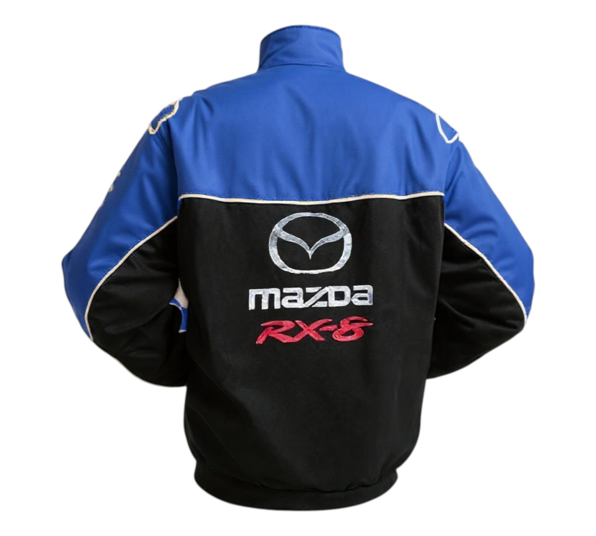 Blue and black jacket with Mazda RX-8 logo on a white background