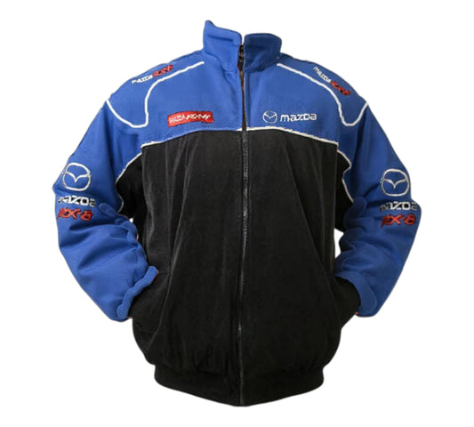 Blue and black jacket with Mazda logos on a white background