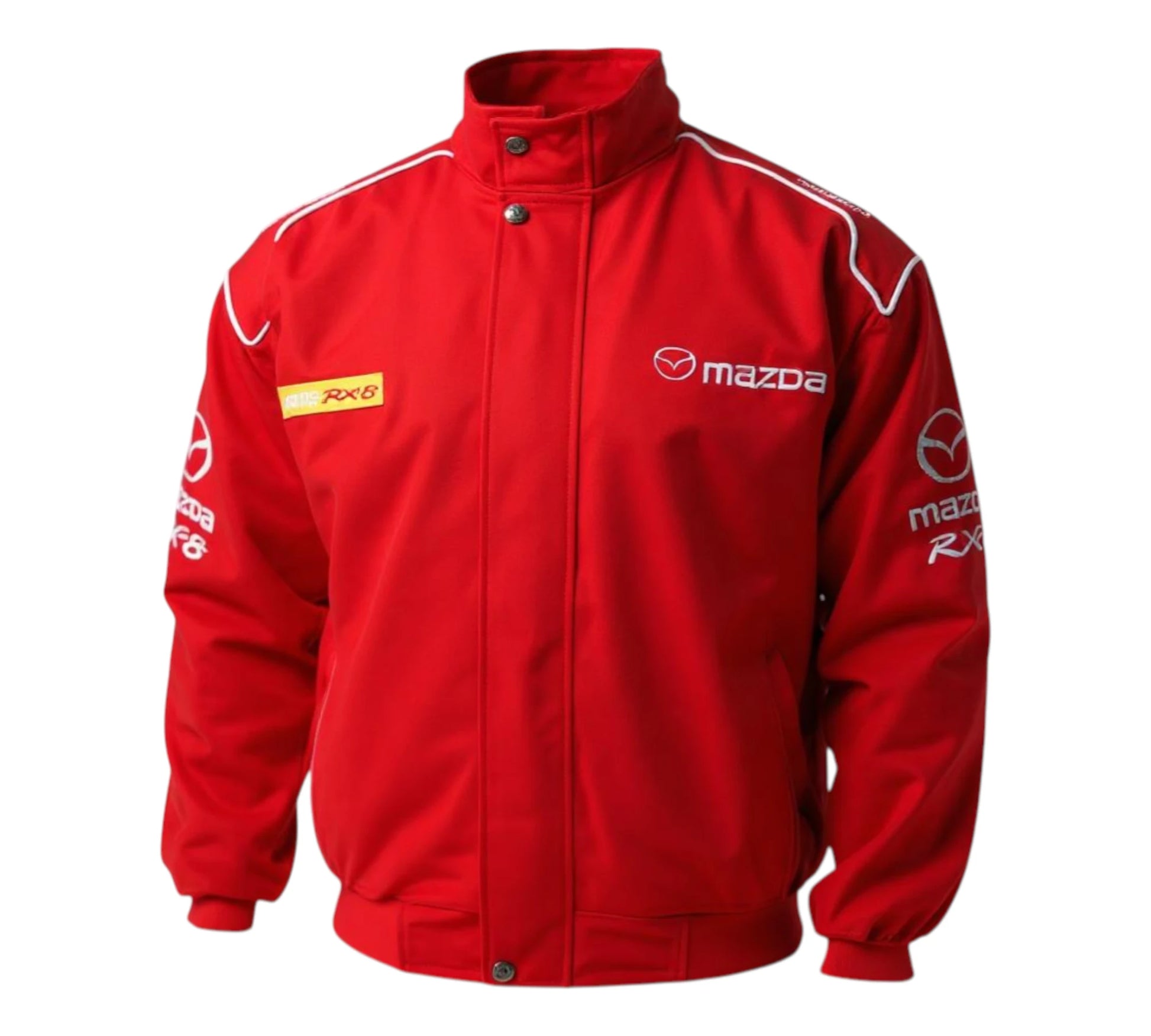 Red jacket with Mazda and RX-8 logos on a white background