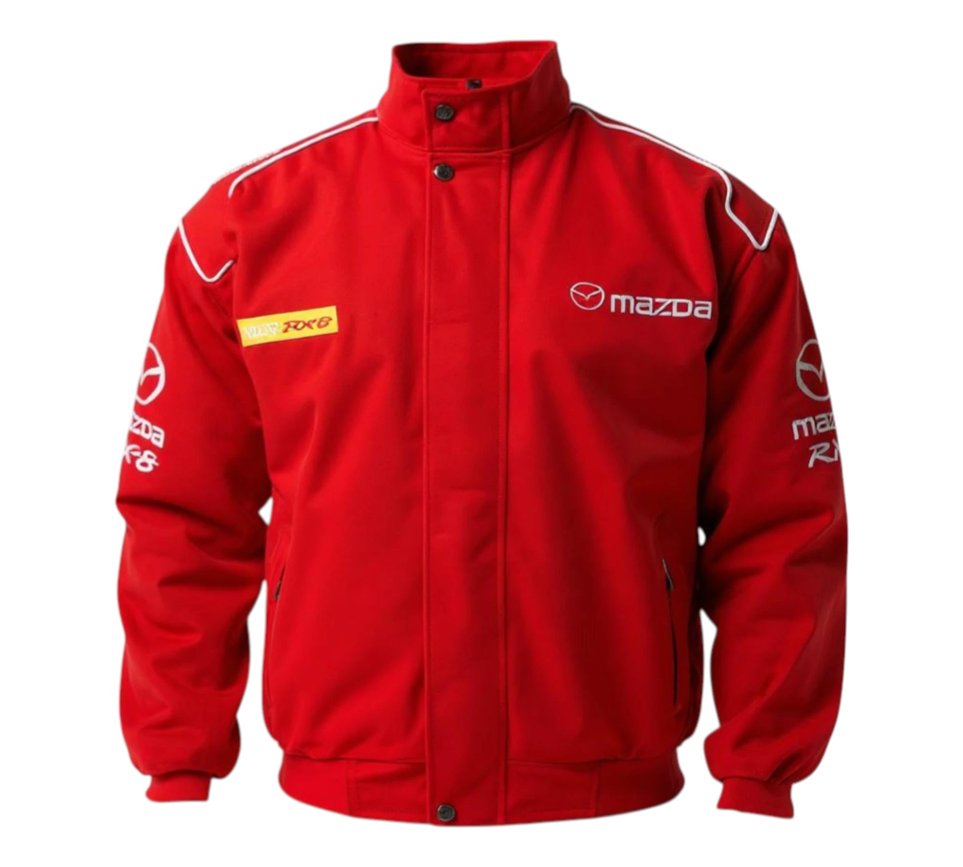 Red jacket with Mazda logos on a white background