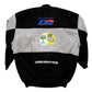 Black and gray jacket with logos on a white background