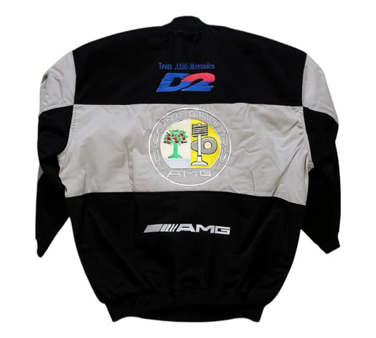 Black and gray jacket with logos on a white background