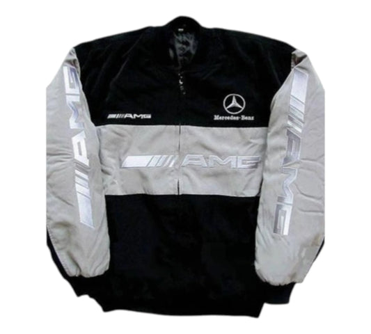 Mercedes-Benz AMG jacket with black, gray, and white design on a white background