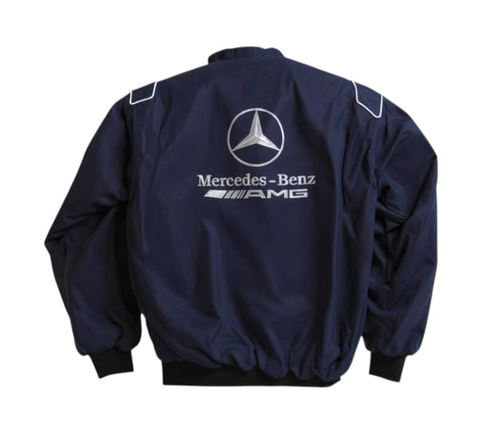 Navy blue jacket with Mercedes-Benz AMG logo on a white background