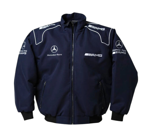 Navy blue jacket with Mercedes-Benz and AMG logos on a white background