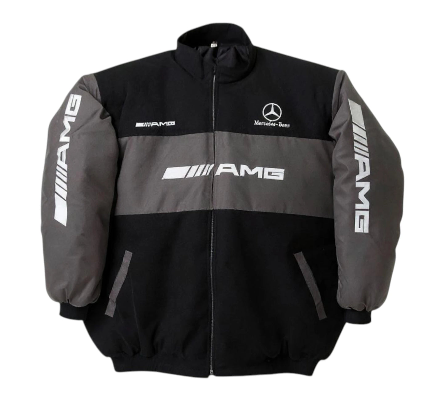 Black and gray jacket with Mercedes-AMG logos on a white background