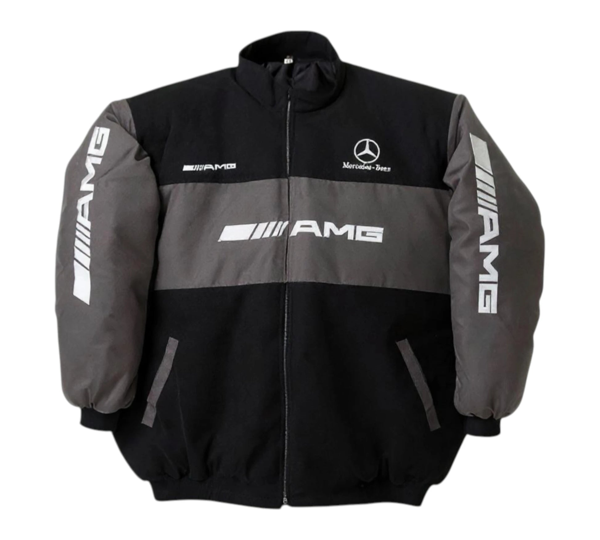 Black and gray jacket with Mercedes-AMG logos on a white background