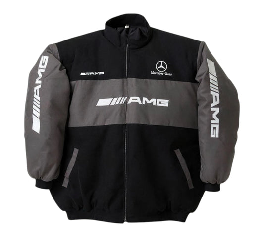 Black and gray jacket with Mercedes-AMG logos on a white background