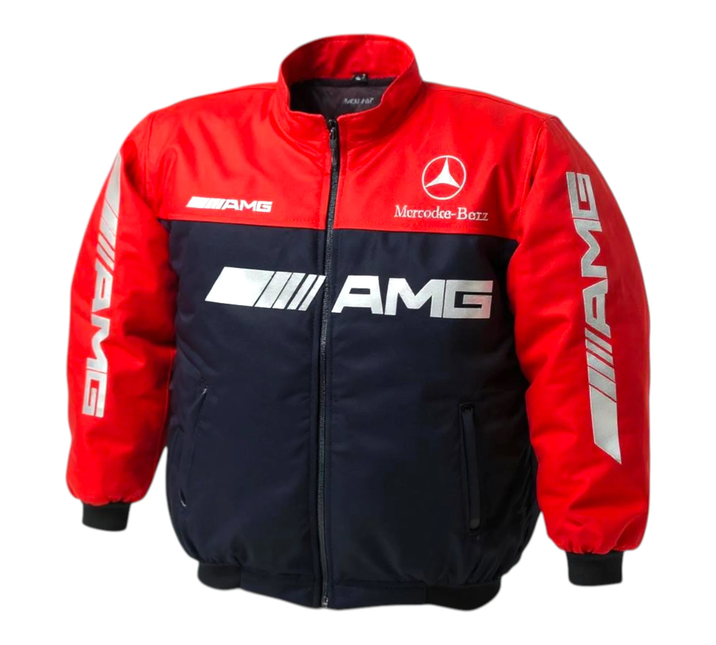 Red and black jacket with AMG and Mercedes-Benz logos on a white background