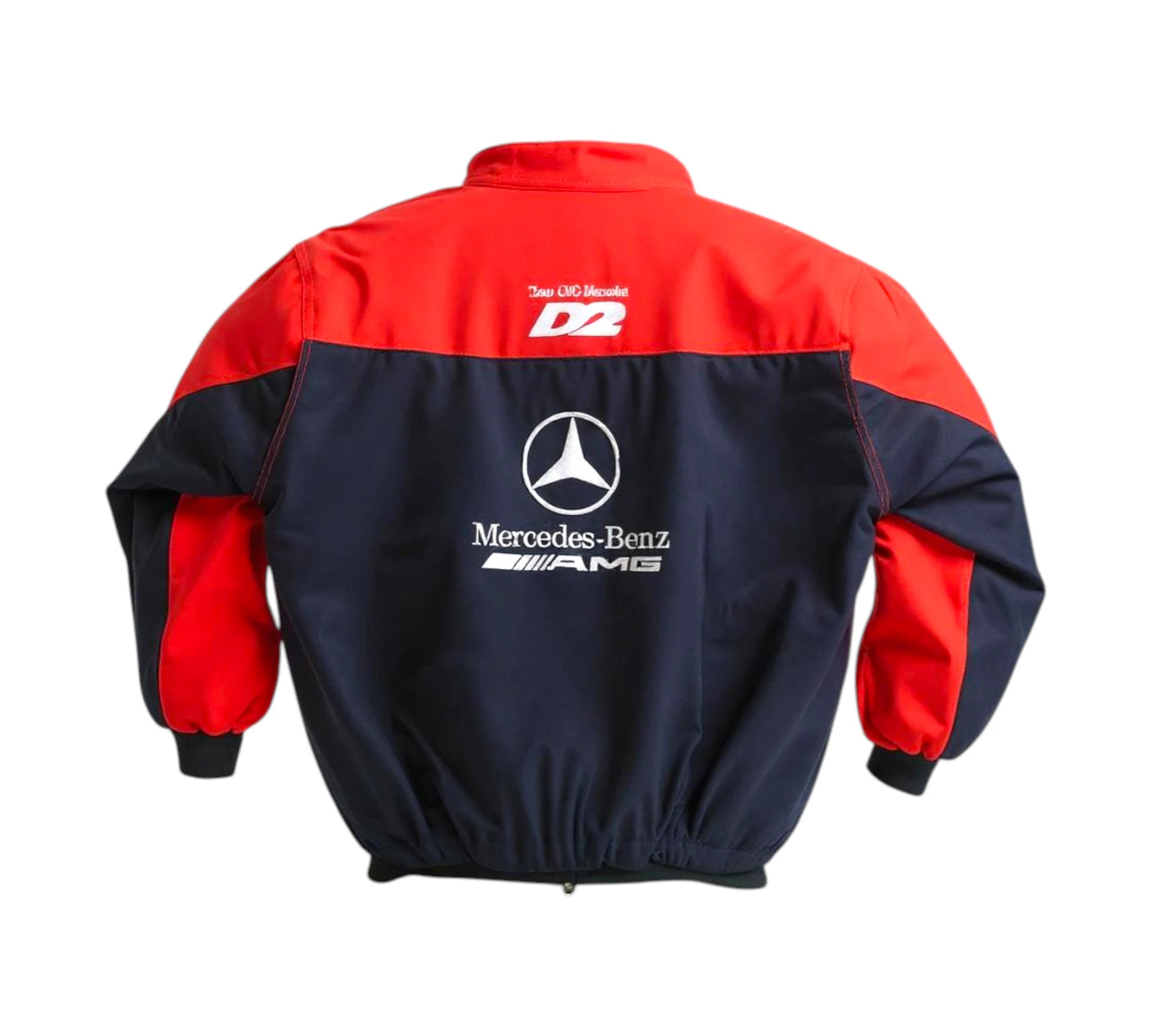 Red and navy jacket with Mercedes-Benz AMG logo on a white background