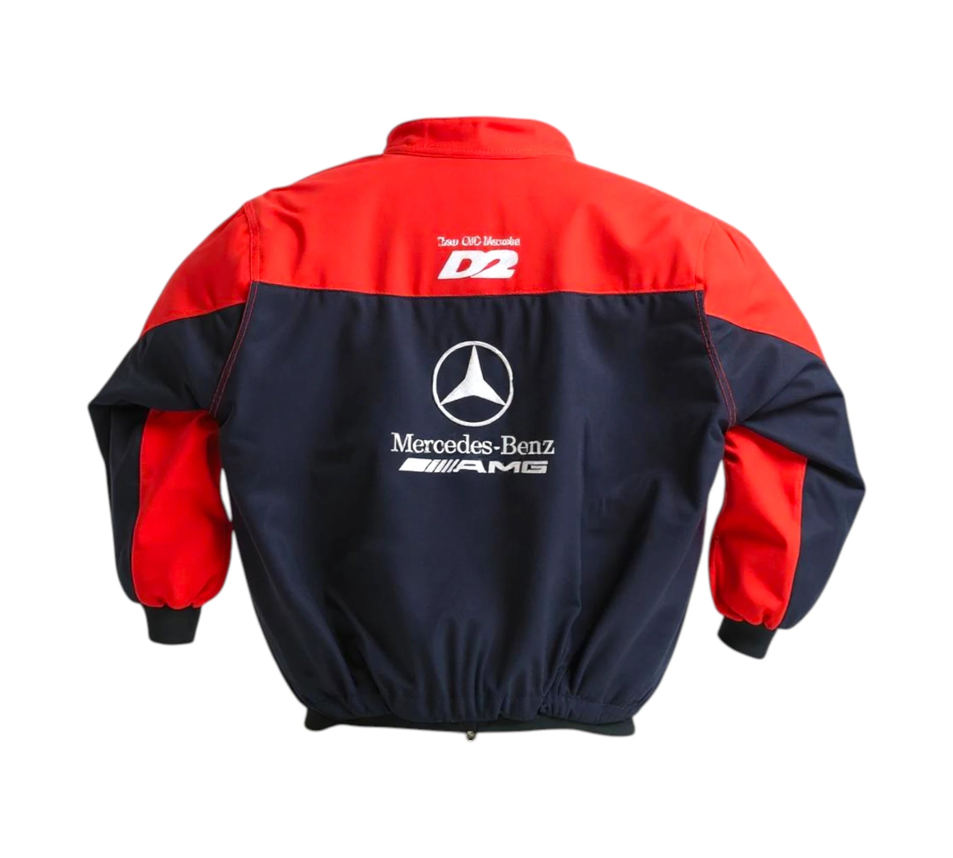 Red and navy jacket with Mercedes-Benz AMG logo on a white background
