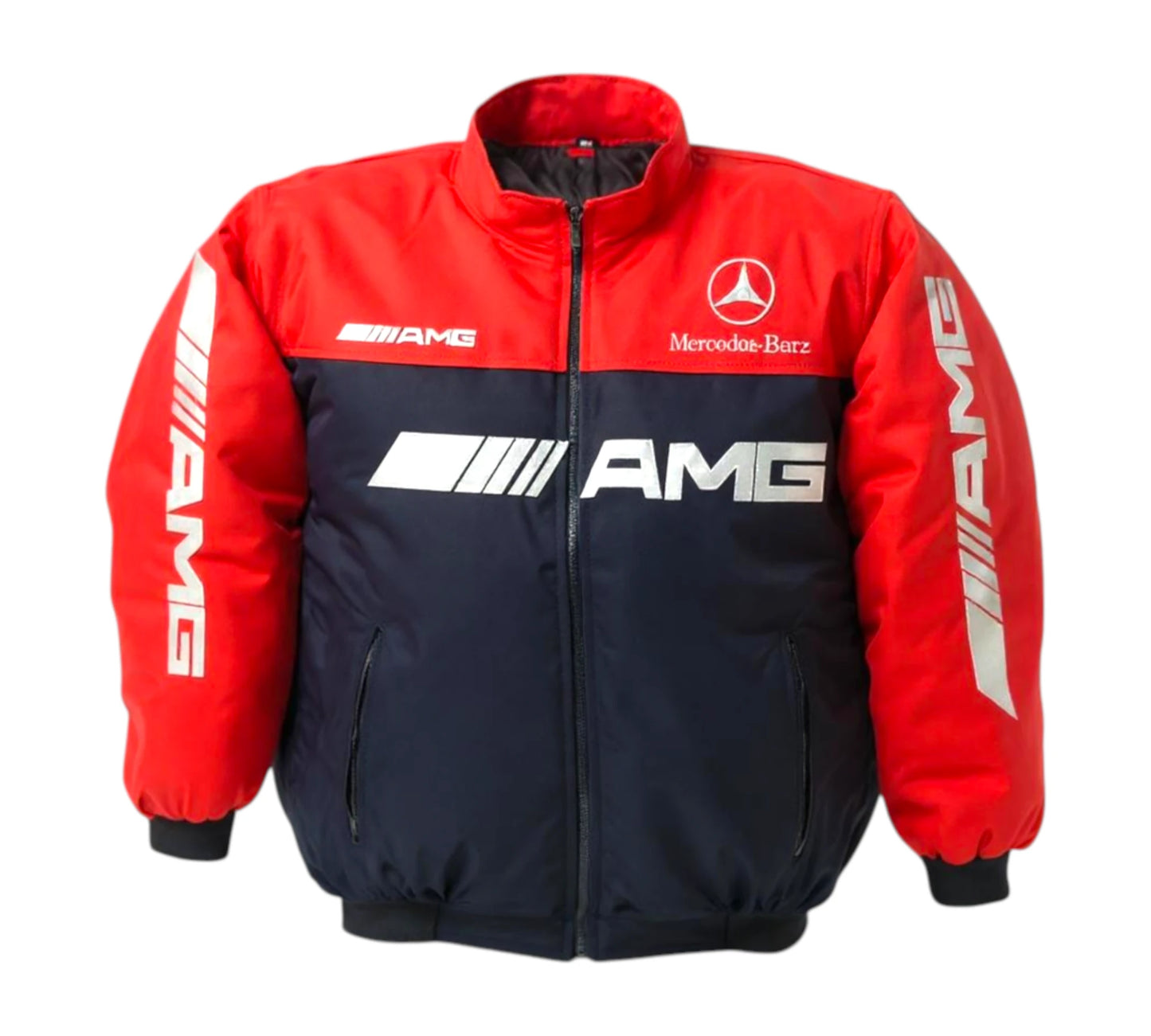 Red and black jacket with Mercedes-Benz and AMG logos on a white background