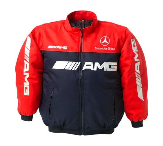 Red and black jacket with Mercedes-Benz and AMG logos on a white background
