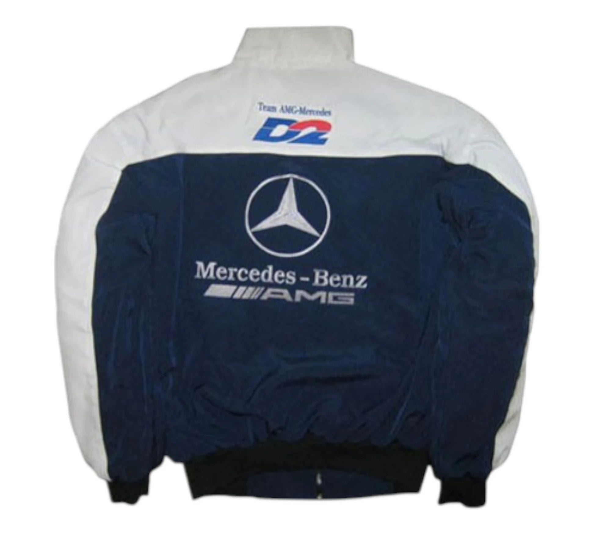 Navy and white jacket with Mercedes-Benz logo on a white background