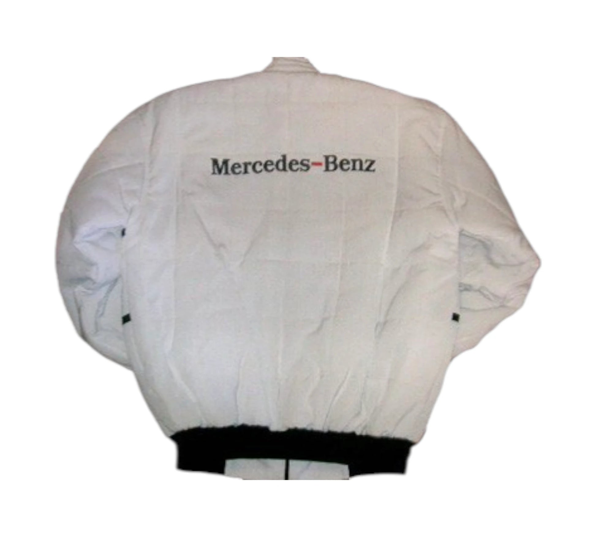 White racing suit with Mercedes-Benz logo on a white background
