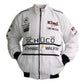 White racing jacket with various sponsor logos on a white background