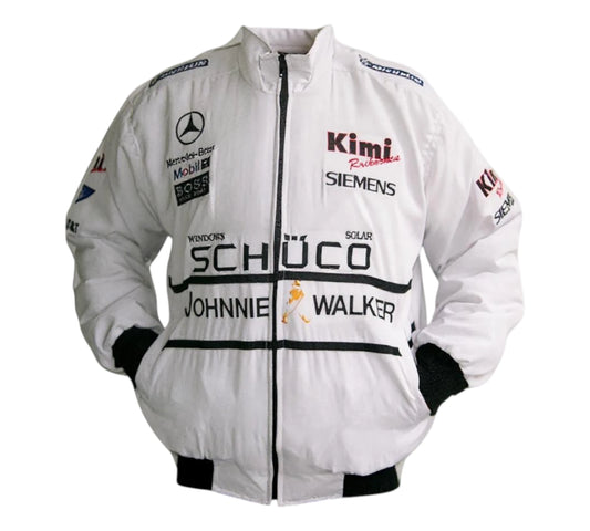 White racing jacket with various sponsor logos on a white background