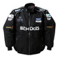 Black jacket with various sponsor logos on a white background