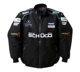 Black jacket with various sponsor logos on a white background