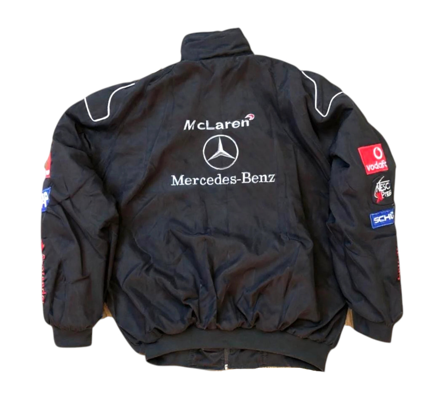 Black jacket with McLaren and Mercedes-Benz logos on a white background