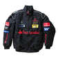 Black jacket with various logos on a white background
